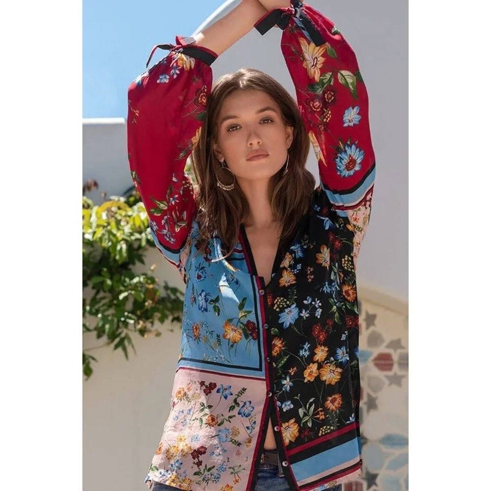 Johnny Was Perdita Silk V-Neck Button Blouse Top Floral Patchwork Print Medium